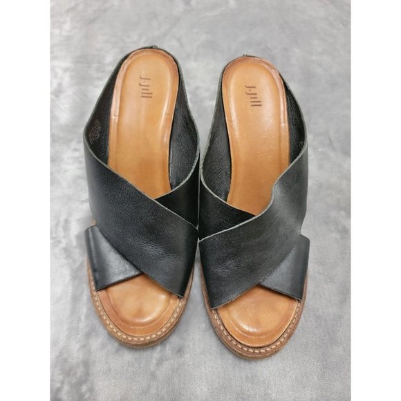 J. Jill Open Toe Criss Cross Strap Wedge Size 7.5 Black Leather Slip On Sandals - Picture 1 of 8